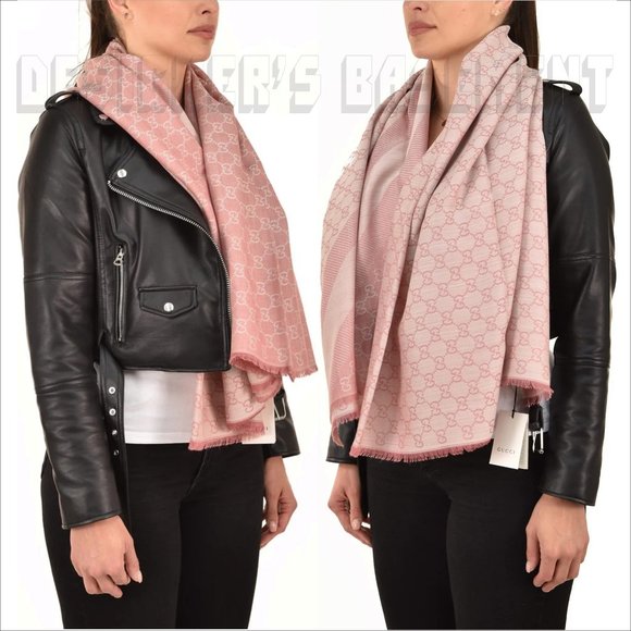 GUCCI 2-tone Pink & Ivory GGWEB giant 55"-sqr wool/silk pashmina shawl scarf NWT - Picture 9 of 13
